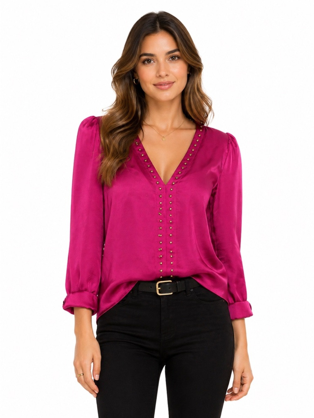 Vince Camuto Fuchsia Stud-Trim V-Neck Blouse